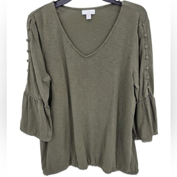 J Jill Top Womens Sz 3X Olive Green Button Sleeve Ruffled Boho Peasant Knit - Picture 1 of 10